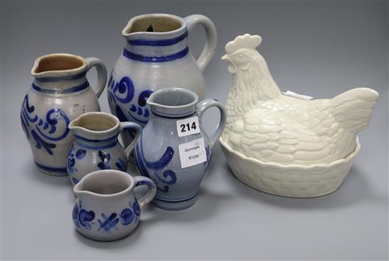 Five graduated Rheinish stoneware jugs and a hen on nest egg tureen and cover tallest 22cm